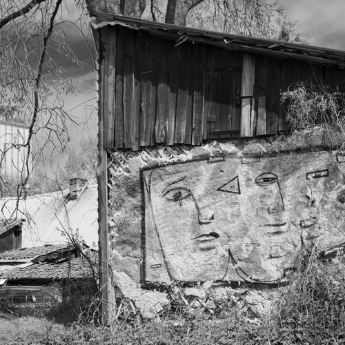 Czarno-biały fragment zniszczonego domu z graffiti na ścianie.