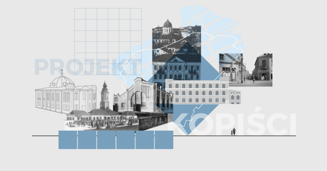 Grafika w stonowanych, niebiesko-szarych barwach. Na grafice czarno-białe rysunki białostockich budowli oraz czarne sylwetki spacerujących osób.
