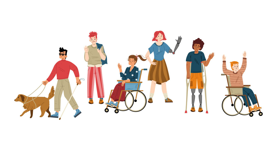 Ilustracja przedstawia grupę osób z niepełnosprawnościami, uśmiechające się i machające.